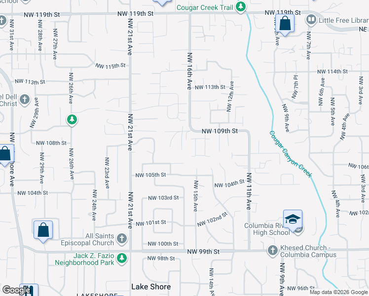 map of restaurants, bars, coffee shops, grocery stores, and more near 1605 Northwest 109th Street in Vancouver