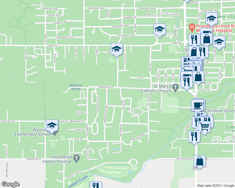 map of restaurants, bars, coffee shops, grocery stores, and more near 1520 22nd Street in Hood River