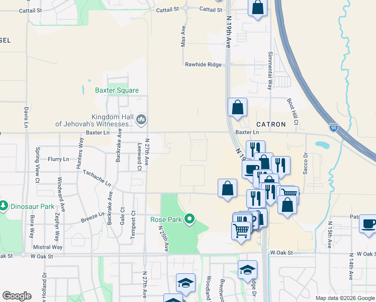 map of restaurants, bars, coffee shops, grocery stores, and more near 2234 East Baxter Lane in Bozeman
