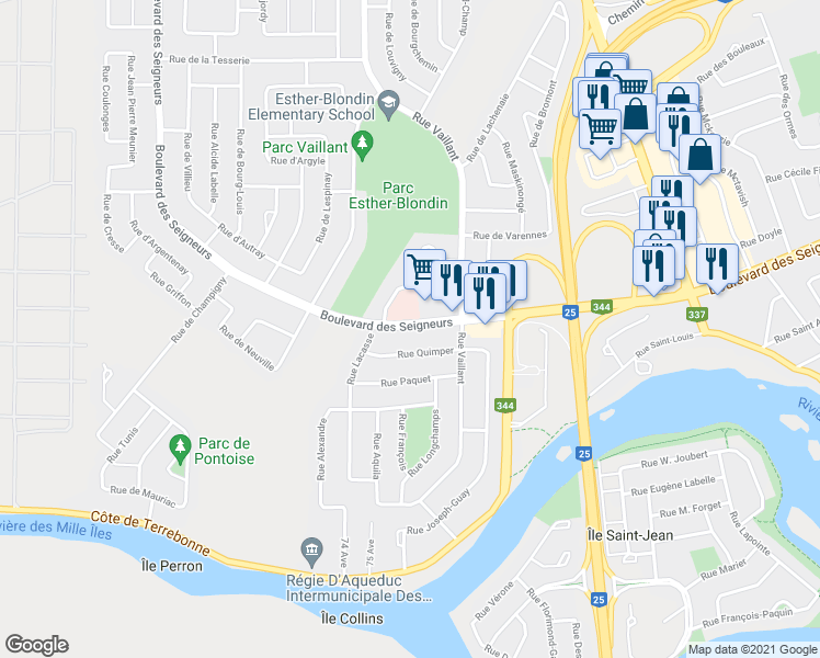map of restaurants, bars, coffee shops, grocery stores, and more near 1310 Boulevard des Seigneurs in Terrebonne