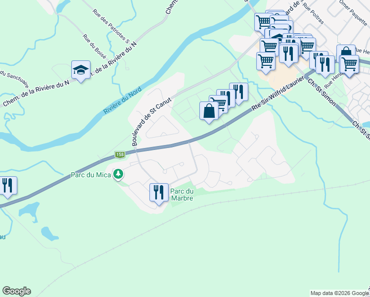 map of restaurants, bars, coffee shops, grocery stores, and more near 8685 Place du Charpentier in Mirabel