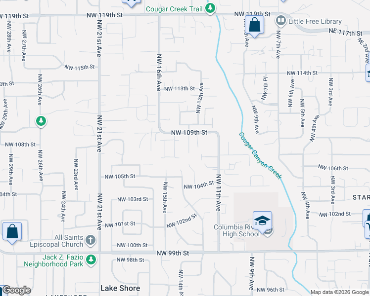 map of restaurants, bars, coffee shops, grocery stores, and more near 10800 Northwest 13th Place in Vancouver