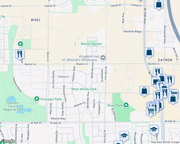 map of restaurants, bars, coffee shops, grocery stores, and more near 1995 Buckrake Avenue in Bozeman
