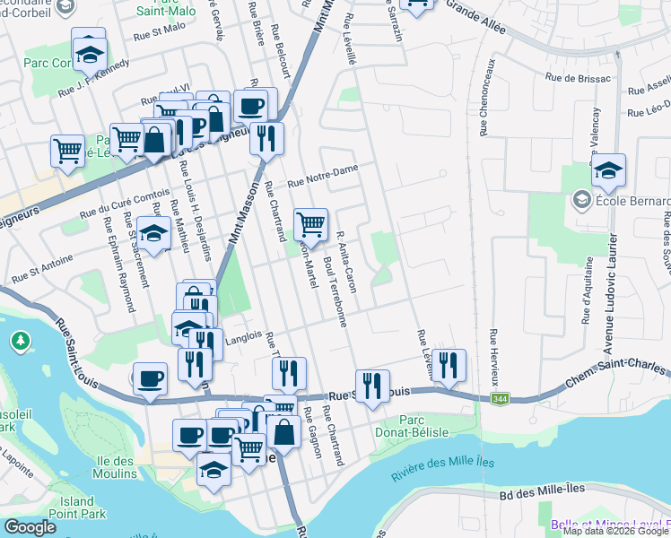 map of restaurants, bars, coffee shops, grocery stores, and more near 591 Boulevard de Terrebonne in Terrebonne
