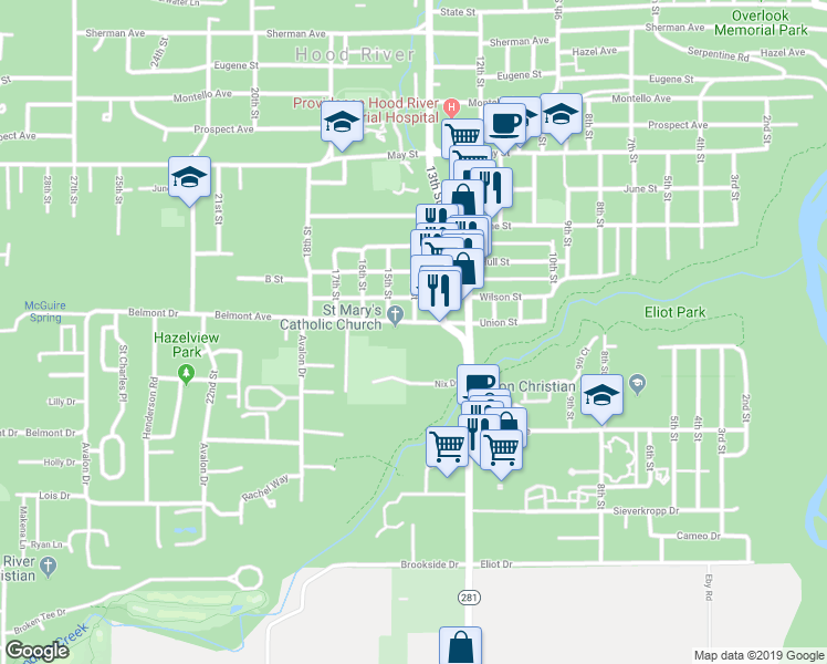 map of restaurants, bars, coffee shops, grocery stores, and more near 1401 Belmont Avenue in Hood River