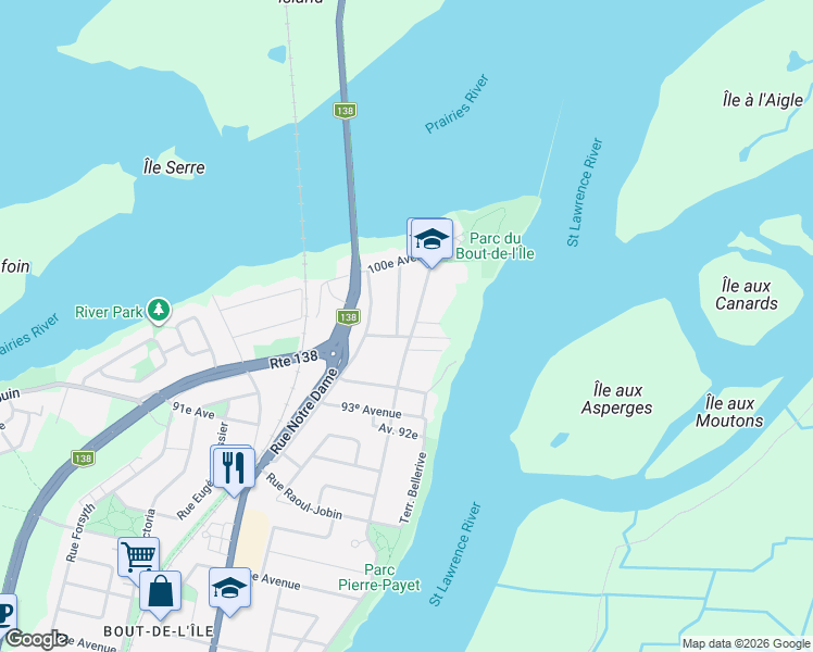 map of restaurants, bars, coffee shops, grocery stores, and more near 16281 Rue Bureau in Montréal