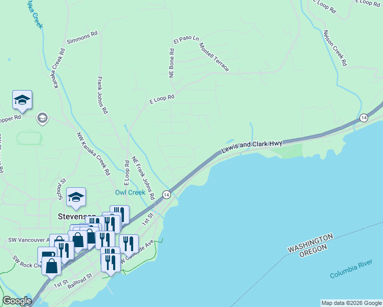 map of restaurants, bars, coffee shops, grocery stores, and more near 243 Hemingway Dr in Stevenson