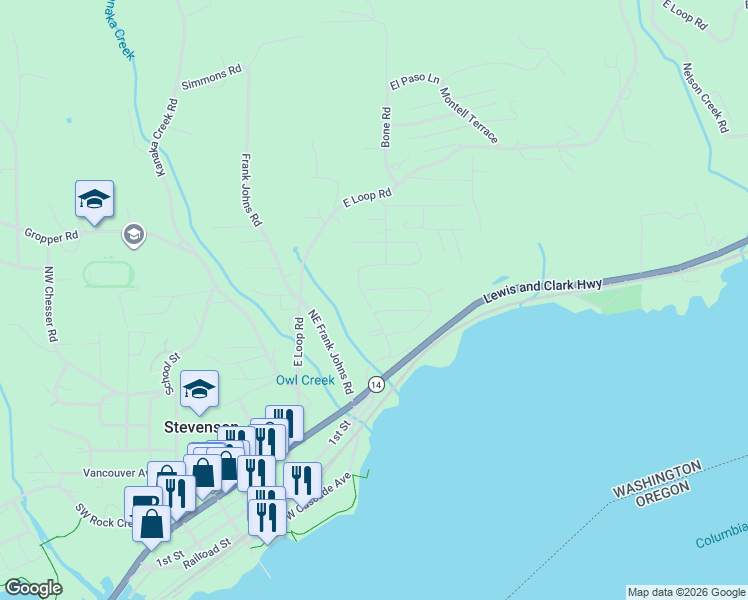map of restaurants, bars, coffee shops, grocery stores, and more near 151 Lower Basso Cir in Stevenson
