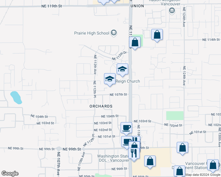 map of restaurants, bars, coffee shops, grocery stores, and more near 10702 Northeast 117th Avenue in Vancouver