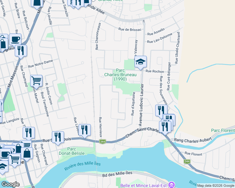 map of restaurants, bars, coffee shops, grocery stores, and more near 479 Rue du Rhône in Terrebonne