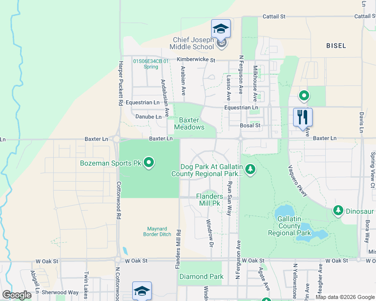map of restaurants, bars, coffee shops, grocery stores, and more near 130 Flanders Mill Road in Bozeman