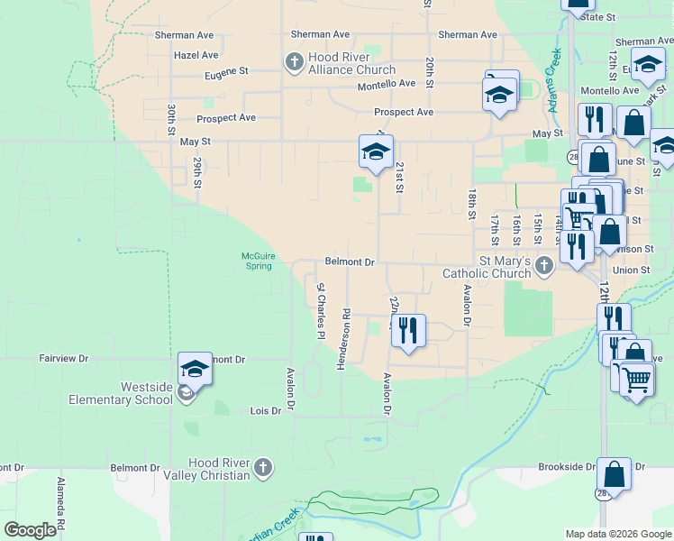 map of restaurants, bars, coffee shops, grocery stores, and more near 2455 Belmont Drive in Hood River