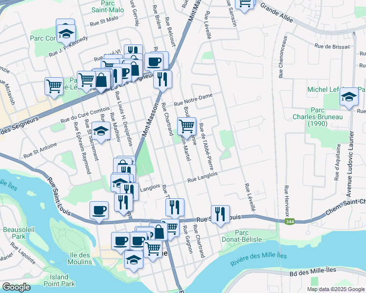 map of restaurants, bars, coffee shops, grocery stores, and more near 634 Rue Léon Martel in Terrebonne