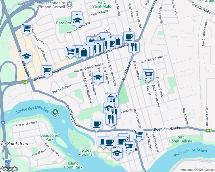 map of restaurants, bars, coffee shops, grocery stores, and more near 630 Rue Ernest S. Mathieu in Terrebonne
