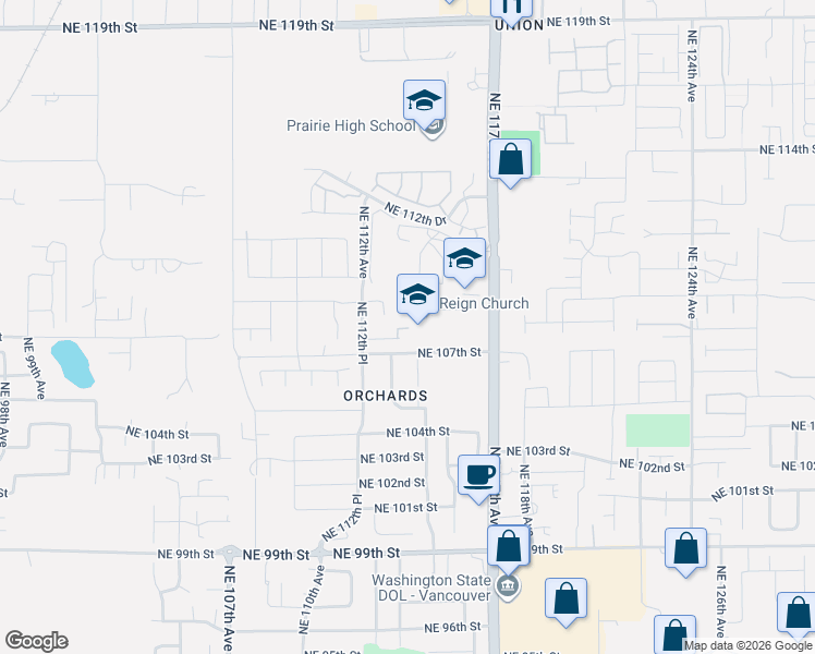 map of restaurants, bars, coffee shops, grocery stores, and more near 11311 Northeast 107th Circle in Vancouver