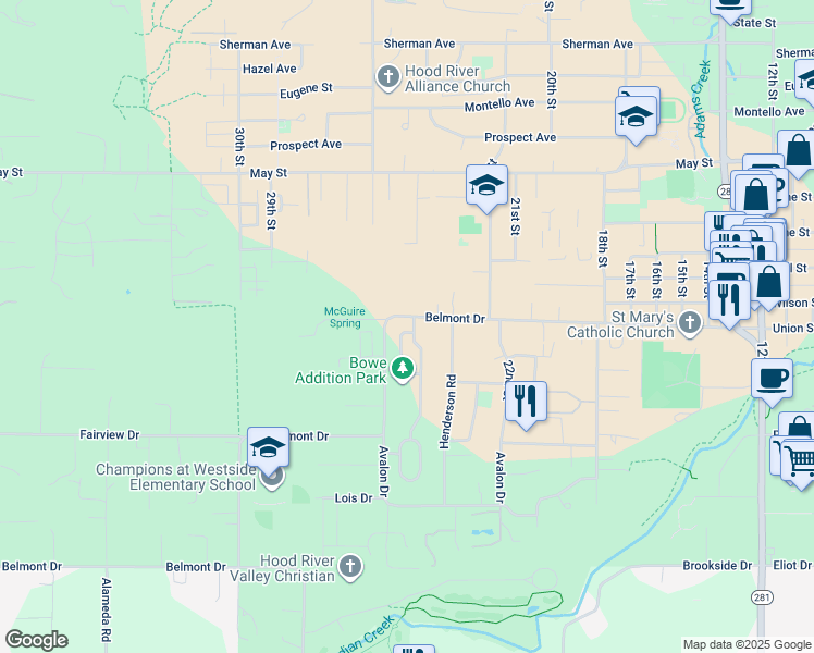 map of restaurants, bars, coffee shops, grocery stores, and more near 3654 Park Place Loop in Hood River