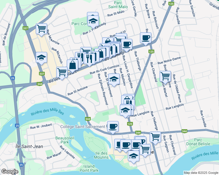 map of restaurants, bars, coffee shops, grocery stores, and more near Rue Saint Paul in Terrebonne