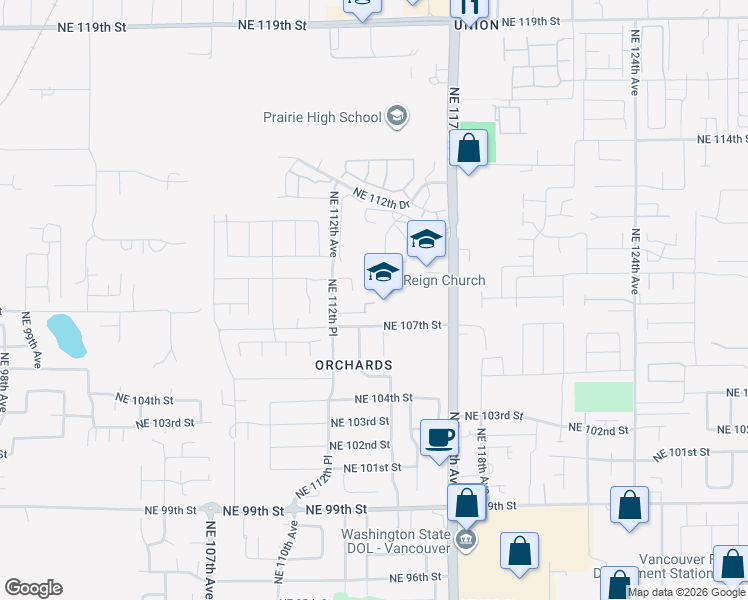 map of restaurants, bars, coffee shops, grocery stores, and more near 11311 Northeast 107th Circle in Vancouver