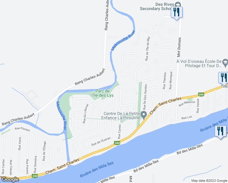 map of restaurants, bars, coffee shops, grocery stores, and more near 2492 Rue de l'Île des Lys in Terrebonne