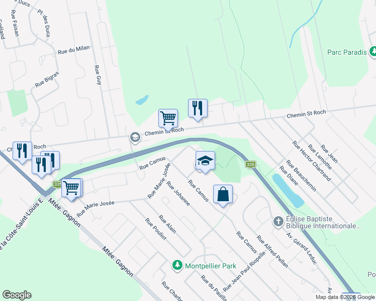 map of restaurants, bars, coffee shops, grocery stores, and more near 3434 Place Camus in Terrebonne