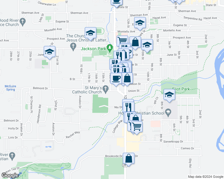 map of restaurants, bars, coffee shops, grocery stores, and more near 1320 Belmont Avenue in Hood River