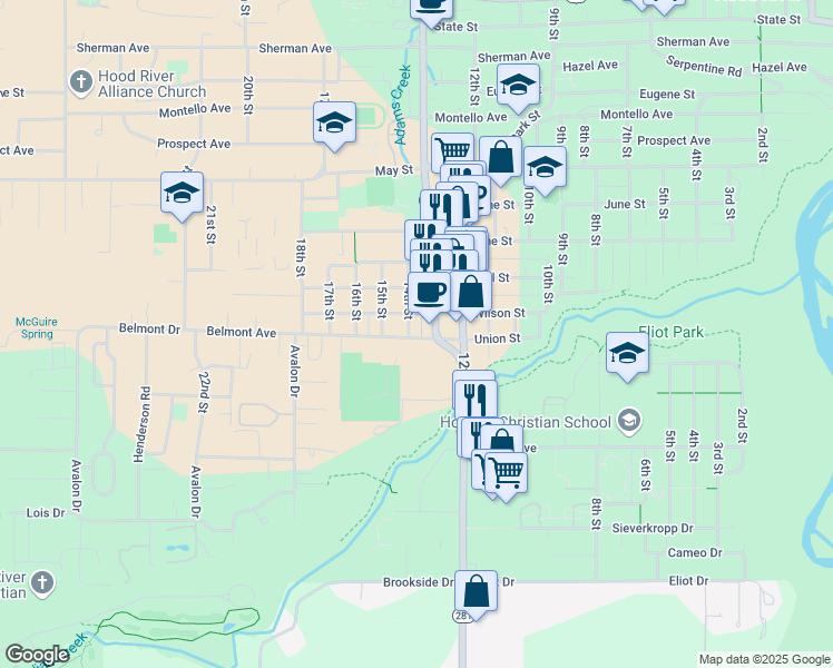 map of restaurants, bars, coffee shops, grocery stores, and more near 1401 Belmont Avenue in Hood River