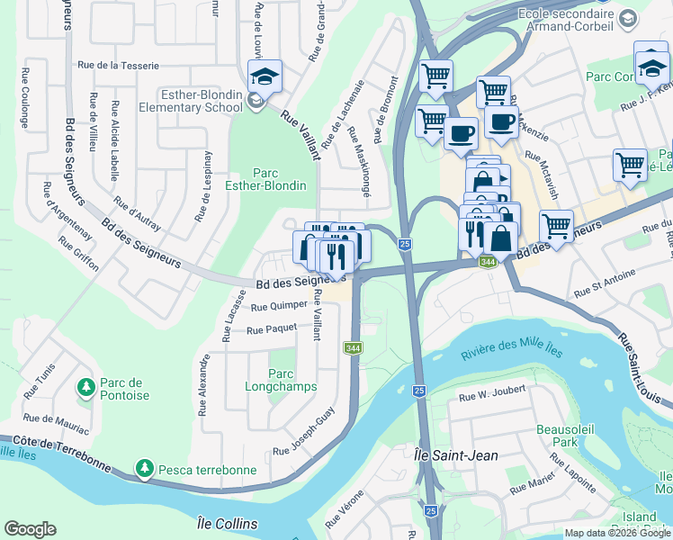 map of restaurants, bars, coffee shops, grocery stores, and more near 1289 Boulevard des Seigneurs in Terrebonne