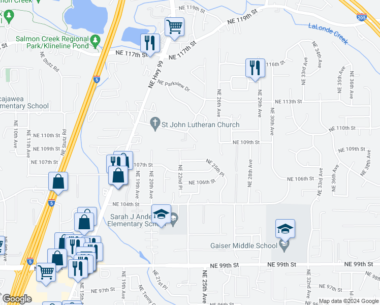 map of restaurants, bars, coffee shops, grocery stores, and more near 2301 Northeast 109th Street in Vancouver