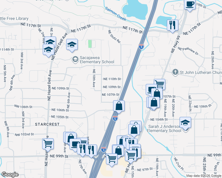 map of restaurants, bars, coffee shops, grocery stores, and more near 1119 Northeast 109th Street in Vancouver