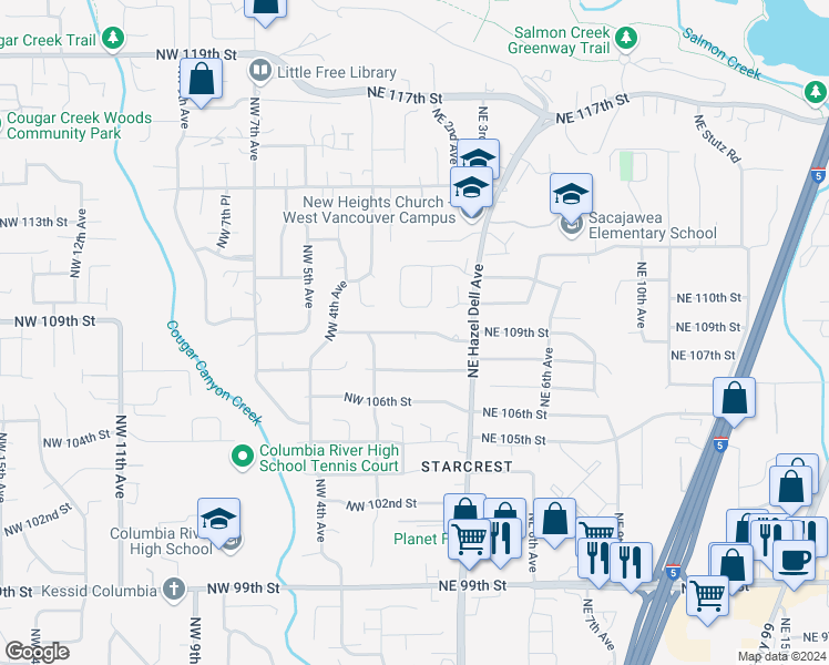 map of restaurants, bars, coffee shops, grocery stores, and more near 104 Northwest 108th Street in Vancouver