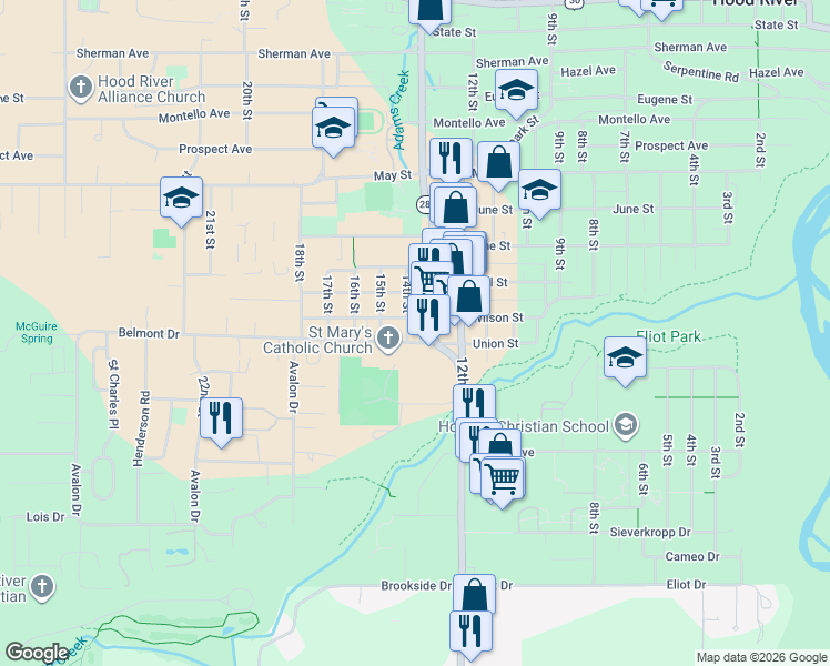 map of restaurants, bars, coffee shops, grocery stores, and more near 1409 14th Street in Hood River