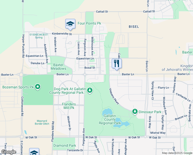 map of restaurants, bars, coffee shops, grocery stores, and more near 2236 East Baxter Lane in Bozeman