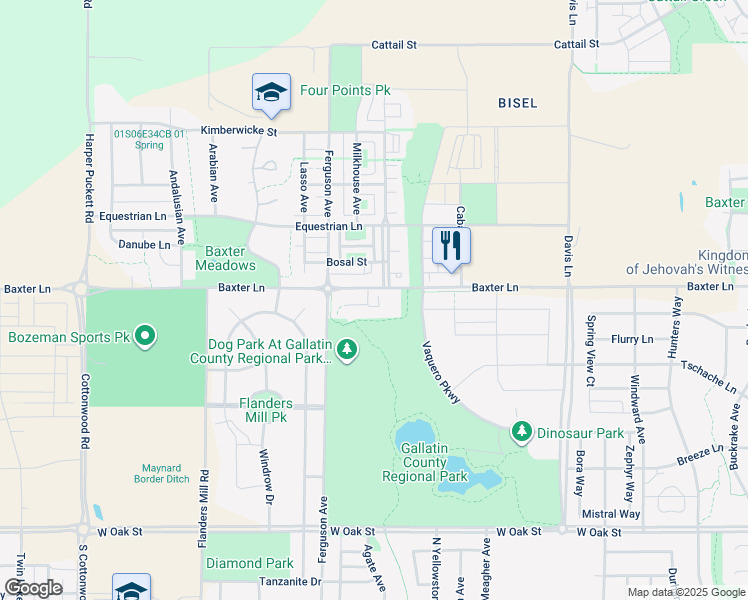 map of restaurants, bars, coffee shops, grocery stores, and more near 2222 East Baxter Lane in Bozeman