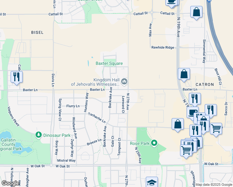 map of restaurants, bars, coffee shops, grocery stores, and more near 1367 Thomas Drive in Bozeman