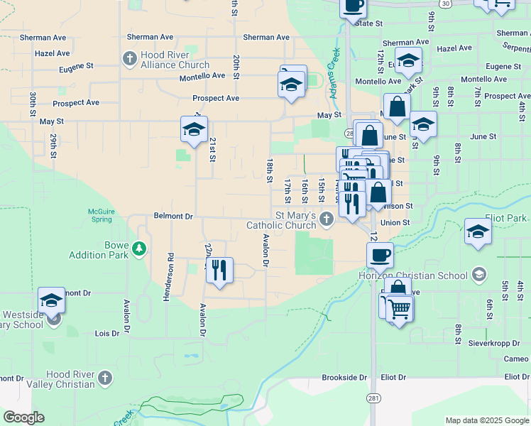 map of restaurants, bars, coffee shops, grocery stores, and more near 1308 18th Street in Hood River
