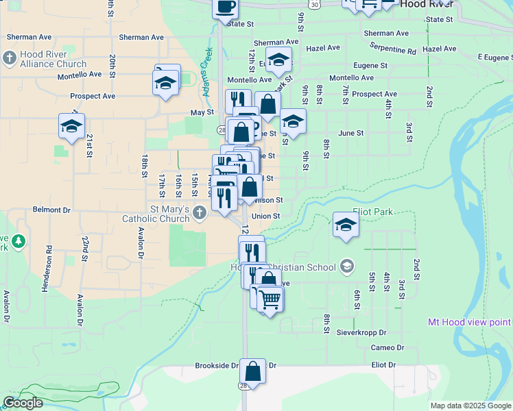 map of restaurants, bars, coffee shops, grocery stores, and more near 1028 Wilson Street in Hood River