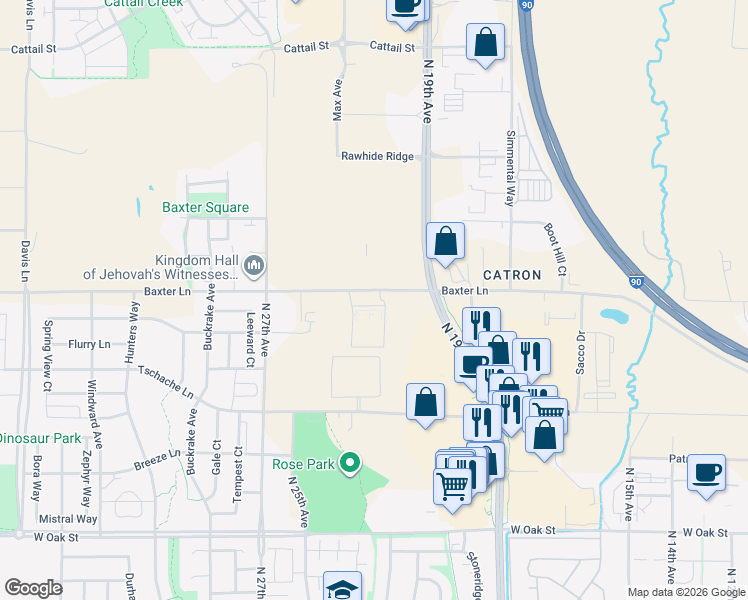 map of restaurants, bars, coffee shops, grocery stores, and more near 2226 Baxter Lane in Bozeman