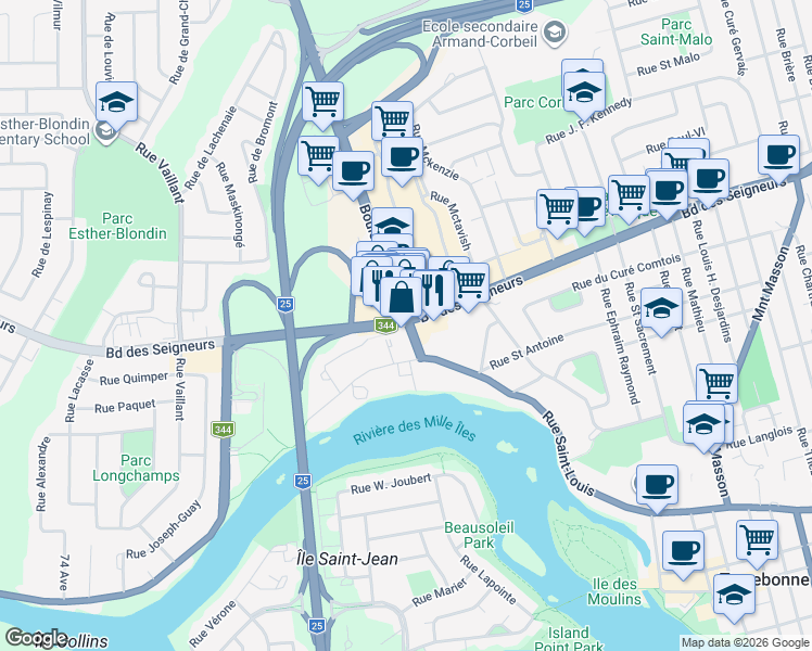 map of restaurants, bars, coffee shops, grocery stores, and more near 840 Montée Masson in Terrebonne