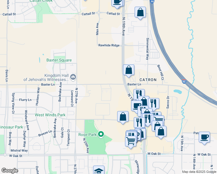 map of restaurants, bars, coffee shops, grocery stores, and more near 2220 Baxter Lane in Bozeman