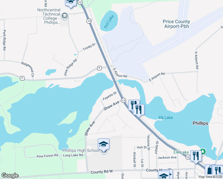 map of restaurants, bars, coffee shops, grocery stores, and more near 114 Fayette Street in Phillips