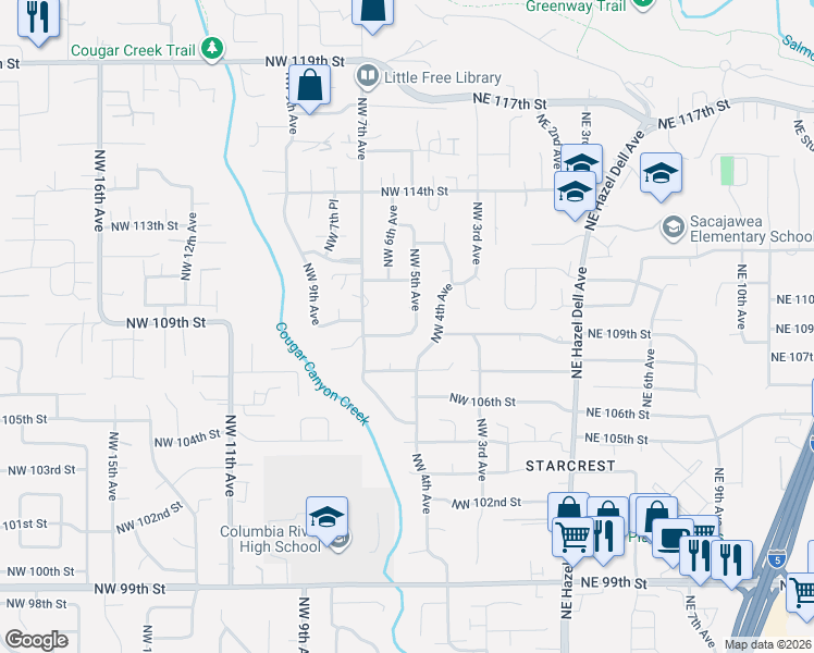 map of restaurants, bars, coffee shops, grocery stores, and more near 502 Northwest 108th Street in Vancouver