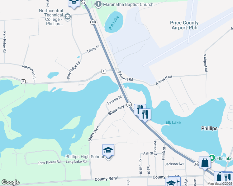 map of restaurants, bars, coffee shops, grocery stores, and more near 114 Fayette Street in Phillips