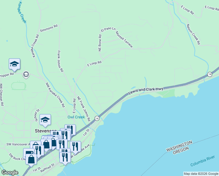 map of restaurants, bars, coffee shops, grocery stores, and more near 215 Northeast Upper Basso Circle in Stevenson