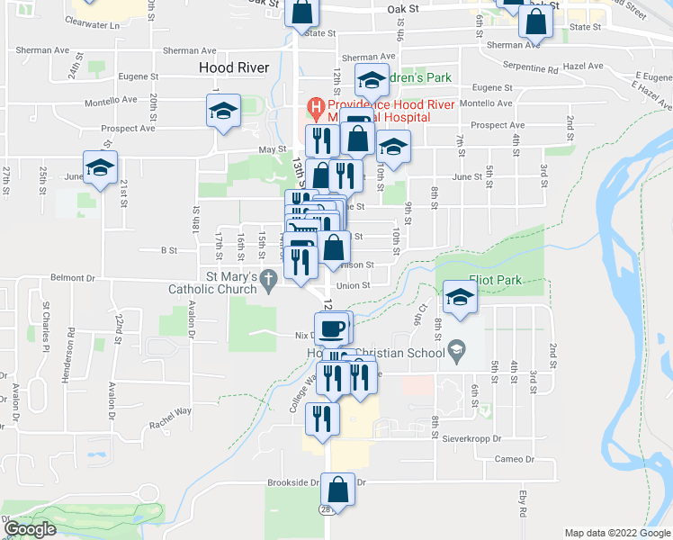 map of restaurants, bars, coffee shops, grocery stores, and more near 1401 Wilson Street in Hood River