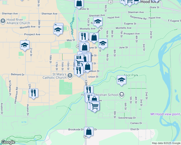 map of restaurants, bars, coffee shops, grocery stores, and more near 1028 Wilson Street in Hood River