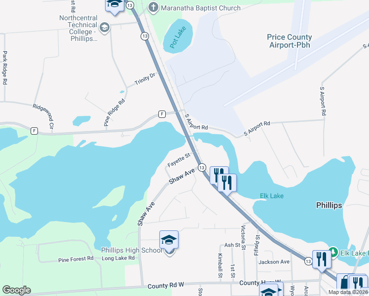 map of restaurants, bars, coffee shops, grocery stores, and more near 114 Fayette Street in Phillips