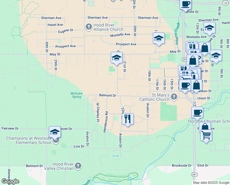 map of restaurants, bars, coffee shops, grocery stores, and more near 1310 22nd Street in Hood River