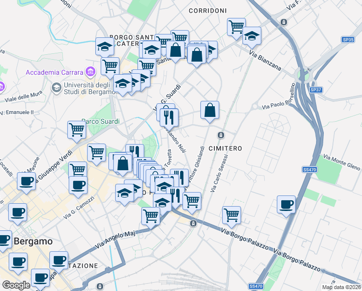 map of restaurants, bars, coffee shops, grocery stores, and more near 9 Via Alessandro Noli in Bergamo