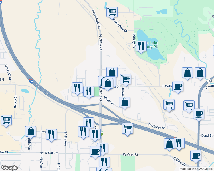 map of restaurants, bars, coffee shops, grocery stores, and more near 619 West Griffin Drive in Bozeman