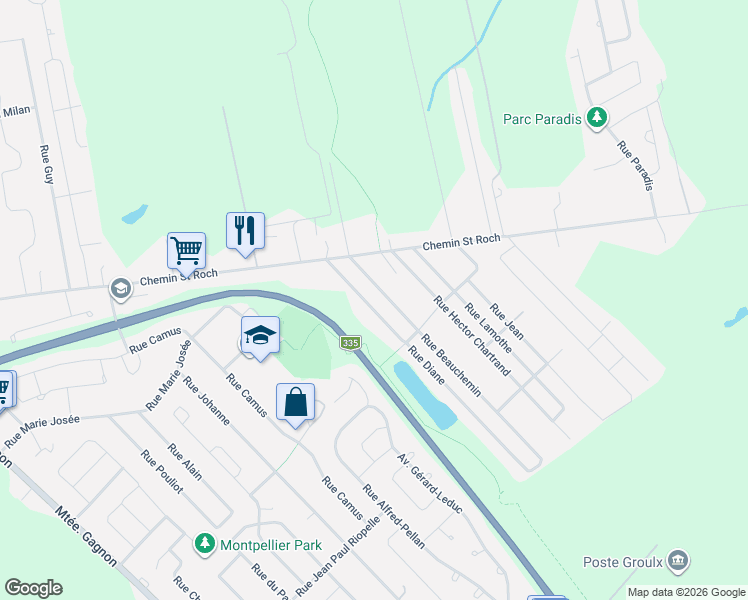 map of restaurants, bars, coffee shops, grocery stores, and more near 3585 Rue Diane in Terrebonne